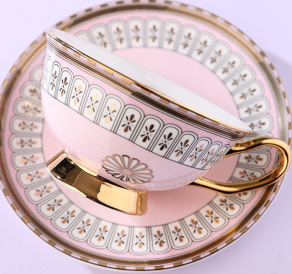 Royal Blue and Pink Bone China Porcelain Tea Cup Set, Tea Cups and Saucers in Gift Box, Elegant Ceramic Coffee Cups, Beautiful British Tea Cups-artworkcanvas