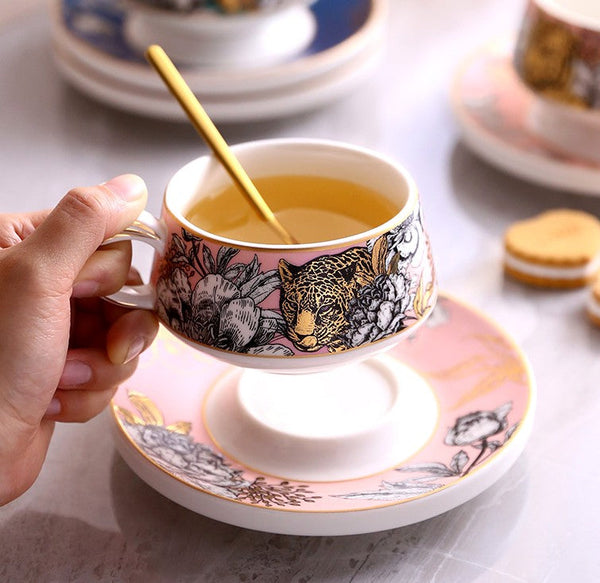 Jungle Tiger Cheetah Porcelain Tea Cups, Creative Ceramic Cup and Saucer, Unique Ceramic Coffee Cups with Gold Trim and Gift Box-artworkcanvas