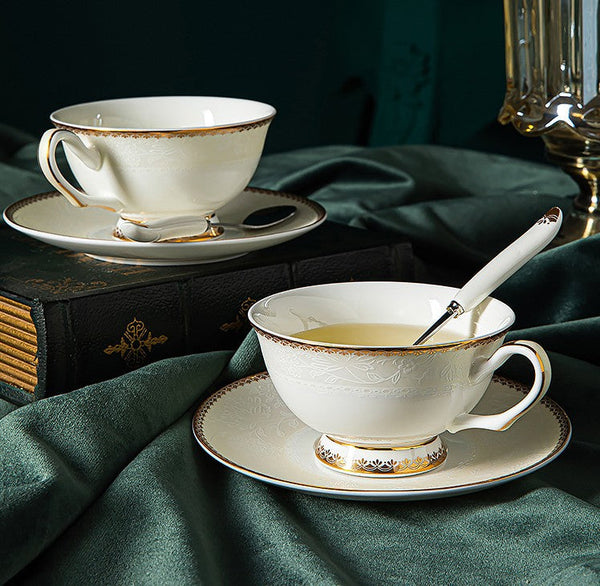 Elegant British Ceramic Coffee Cups, 7.8 oz Porcelain Coffee Cup Set, White Ceramic Cups, Unique Tea Cup and Saucer in Gift Box-artworkcanvas