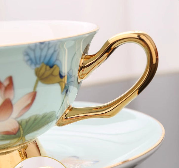 Unique British Tea Cup and Saucer in Gift Box, Lotus Flower Porcelain Tea Cup Saucer Set, Elegant British Ceramic Coffee Cups-artworkcanvas