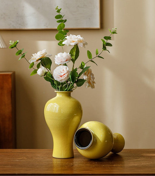 Handmade Water Holding Flower Vase, Yellow Flower Vases on Table, Ceramic Bud Vases, Porcelain Flower Vases-artworkcanvas