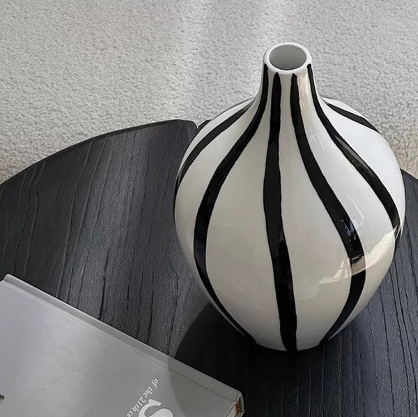 Water Holding Flower Vases, Black and White Striped Ceramic Vase, Porcelain Flower Vases, Modern Flower Vases on Table-artworkcanvas