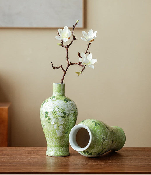 Large Flower Vases on Table, Green Porcelain Flower Vases, Centerpiece Ceramic Bud Vases, Handmade Water Holding Flower Vase-artworkcanvas