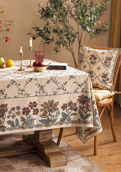 Farmhouse Table Cloth for Oval Table, Rustic Flower Pattern Linen Tablecloth for Kitchen Table, Modern Rectangle Tablecloth Ideas for Dining Room Table-artworkcanvas