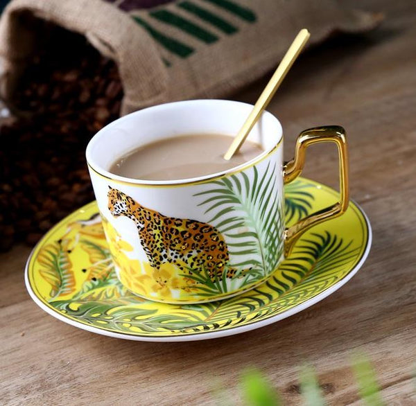 Coffee Cups with Gold Trim and Gift Box, Jungle Leopard Pattern Porcelain Coffee Cups, 7.4 oz Tea Cup and Saucer-artworkcanvas