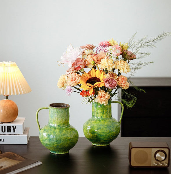 Modern Pottery Flower Vases, Handmade Water Holding Flower Vases, Pottery Bud Vases, Large Green Flower Vases on Table, Centerpiece on Dining Table-artworkcanvas