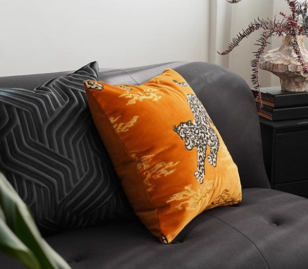 Contemporary Modern Sofa Pillows, Yellow Embroidery Tiger Pattern Pillows for Couch, Decorative Throw Pillows for Bedroom, Large Modern Sofa Pillow for Living Room-artworkcanvas