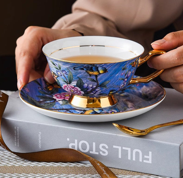 Blue Bird and Butterfly Porcelain Tea Cup Saucer Set, 7.4 oz British Tea Cup and Saucer in Gift Box, Elegant British Ceramic Coffee Cups-artworkcanvas