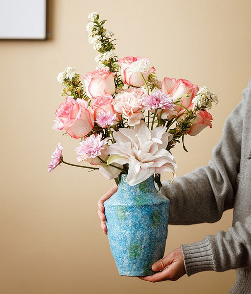 Centerpiece on Dining Table, Blue Flower Vase on Table, Handmade Water Holding Flower Vases, Pottery Flower Vases, Modern Bouquet Flower Vases-artworkcanvas