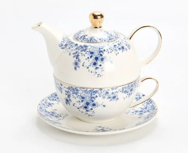 British Style Porcelain Teapot with Matching Cup and Saucer in Gift Box, Ceramic Tea Pot with Integrated Cup, Stackable Teapot and Cup Set, Mother-and-Baby Teapot with Matching Saucer-artworkcanvas