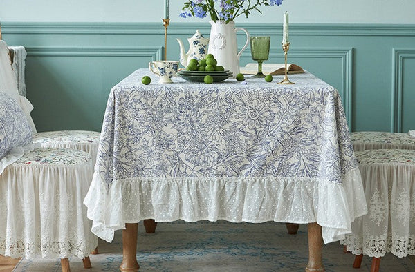 Cotton Rectangle Tablecloth for Dining Room Table, Natural Spring Farmhouse Table Cloth, Blue Flower Pattern Cotton Tablecloth, Square Tablecloth for Round Table-artworkcanvas