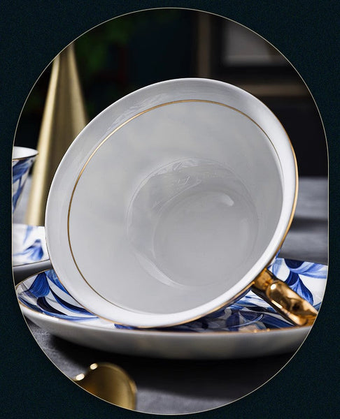 Blue Porcelain Tea Cup Saucer Set, 7.4 oz British Ceramic Coffee Cups, Unique British Tea Cup and Saucer in Gift Box-artworkcanvas