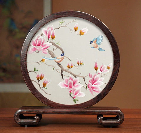Unique Birthday Gift, Flower and Bird Embroidery Ornaments, Traditional Chinese Suzhou Silk Embroidered Ornament, Premium Souvenir, Exclusive Business Presents-artworkcanvas