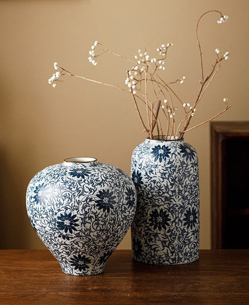 Vintage Bouquet Flower Vases, Centerpiece on Dining Table, Large Blue Flower Vase on Table, Handmade Porcelain Flower Vases Urn, Water Holding Flower Vases-artworkcanvas