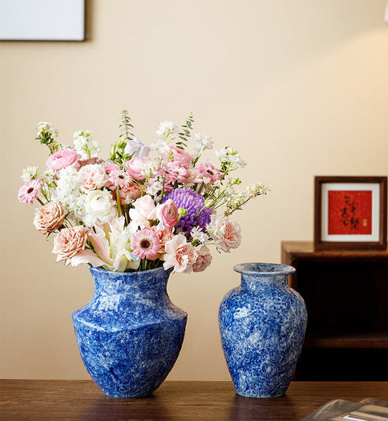 Handmade Water Holding Flower Vases, Centerpiece on Dining Table, Blue Pottery Bud Vases, Large Flower Vases on Table, Modern Pottery Flower Vases-artworkcanvas