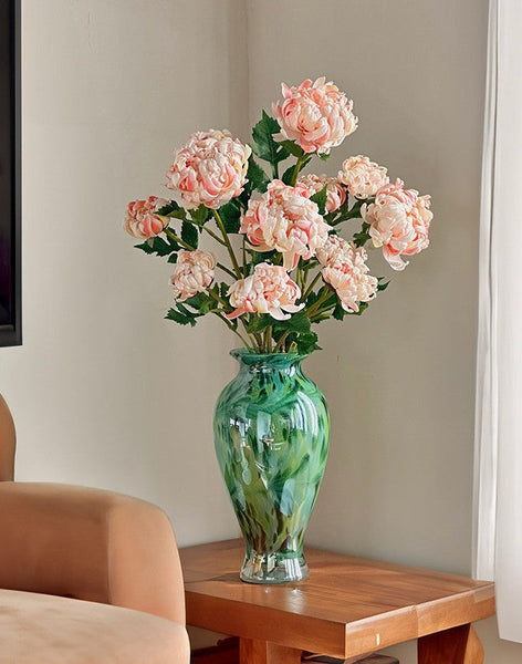 Large Green Glass Flower Vases, Modern Glass Flower Vases, Water Holding Flower Vases, Handmade Flower Vases on Table-artworkcanvas