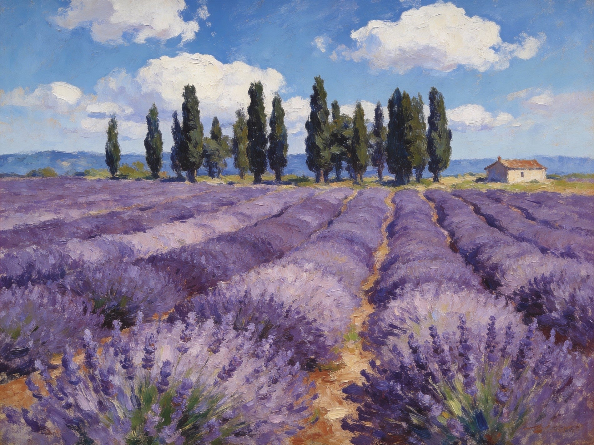 Rural Provence Idyll Lavender Fields, Trees And Cottage Landscape, Purple Lavender, French Countryside