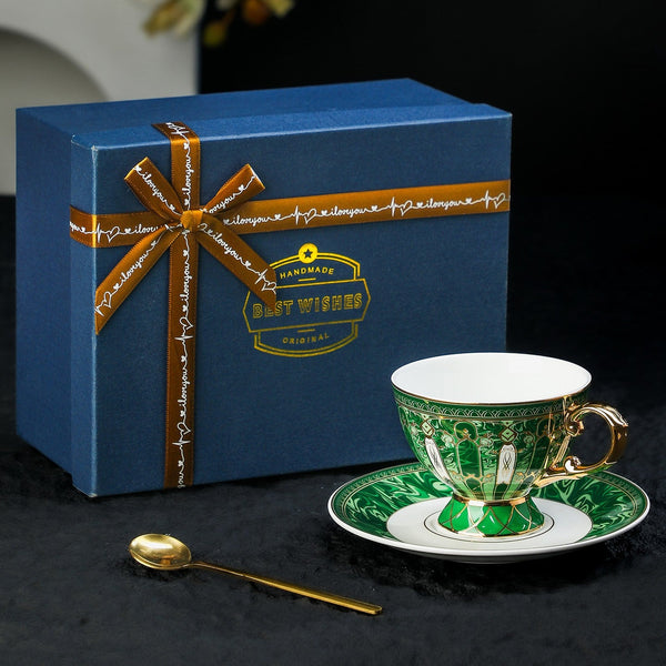 Porcelain Tea Cup and Saucer Set, British Royal Tea Cup and Saucer in Gift Box, 8 oz British Green Tea Cup set, Elegant Ceramic Coffee Cups-artworkcanvas