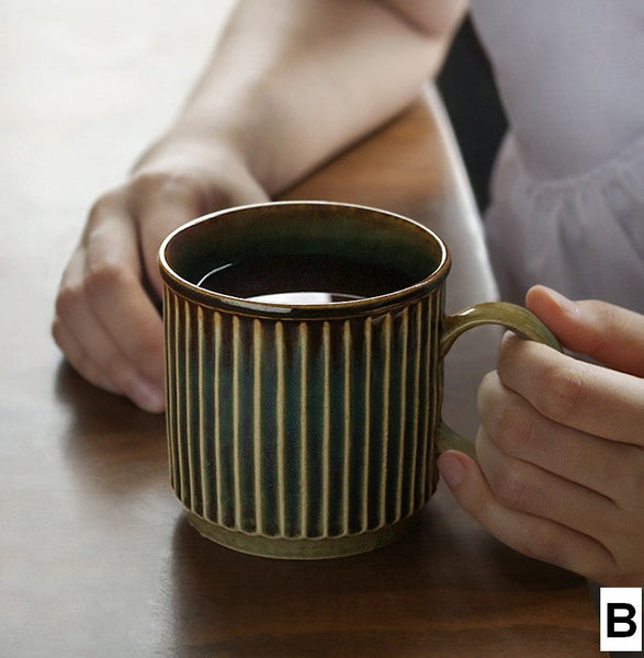 Unique Tea Cup, Creative Brown Green Ceramic Coffee Mugs, Large Modern Handmade Pottery Coffee Cup, Large Capacity Coffee Mugs-artworkcanvas