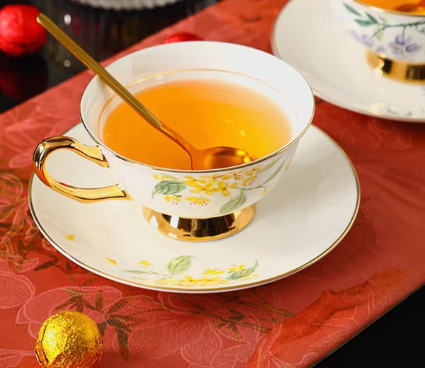 Elegant Floral Ceramic Coffee Cup and Saucer, 7.4 oz Flower Tea Cup and Saucer Set, British Royal Ceramic Tea Cups for Traditional Afternoon Tea, Porcelain Tea Cup and Saucer Set in Gift Box-artworkcanvas
