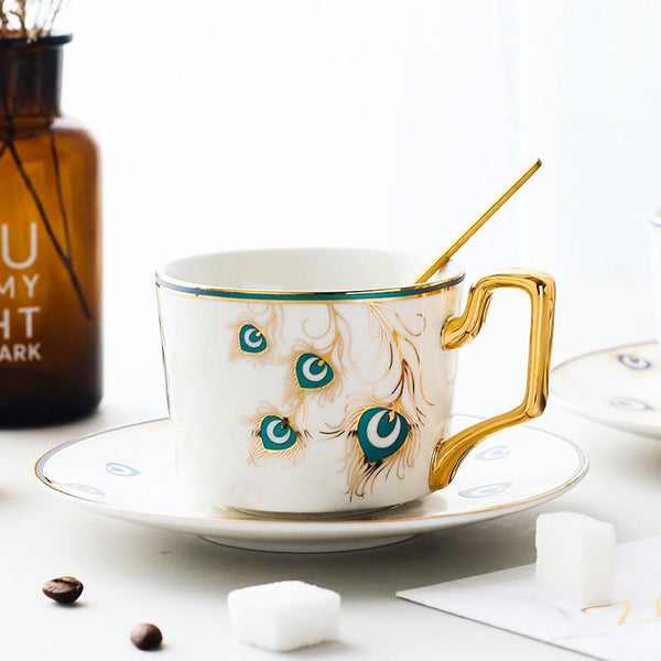 Peacock Tail Pattern Porcelain Coffee Cups, British Tea Cups, Coffee Cups with Gold Trim and Gift Box, Tea Cup and Saucer-artworkcanvas