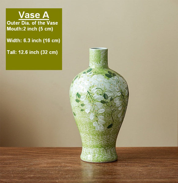 Large Flower Vases on Table, Green Porcelain Flower Vases, Centerpiece Ceramic Bud Vases, Handmade Water Holding Flower Vase-artworkcanvas
