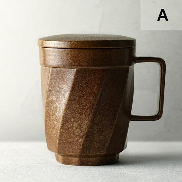 Unique Tea Cup, Large Capacity Coffee Mug with Cover, Large Modern Handmade Pottery Coffee Cup, Creative Brown Green Blue Black Ceramic Coffee Mugs-artworkcanvas