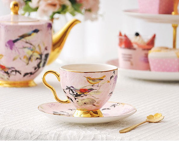 Elegant Pink Ceramic Coffee Cups, Unique Bird Flower Tea Cup and Saucer in Gift Box as Birthday Gift, Beautiful British Tea Cups, Royal Porcelain Tea Cup Set-artworkcanvas