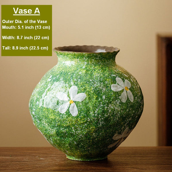 Centerpiece on Dining Table, Handmade Water Holding Flower Vases, Modern Pottery Flower Vases, Pottery Bud Vases, Large Green Flower Vases on Table-artworkcanvas