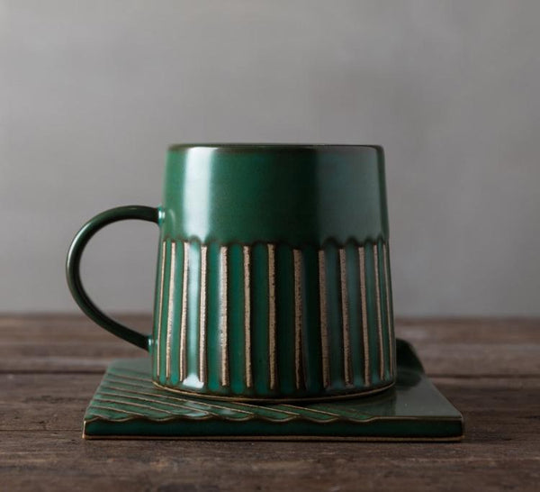 Latte Coffee Cup, Cappuccino Coffee Mug, 10 oz Coffee Cup and Saucer Set, Large Coffee Cup, Pottery Coffee Cups-artworkcanvas