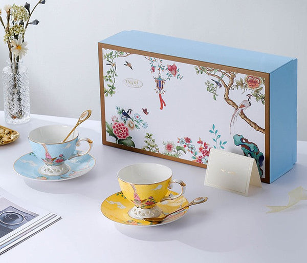 Beautiful Bird Pattern Tea Cups, 8 oz Porcelain Tea Cup Saucer Set of 2 Cups, Elegant Oriental Pheasant Ceramic Cup and Saucer in Gift Box-artworkcanvas