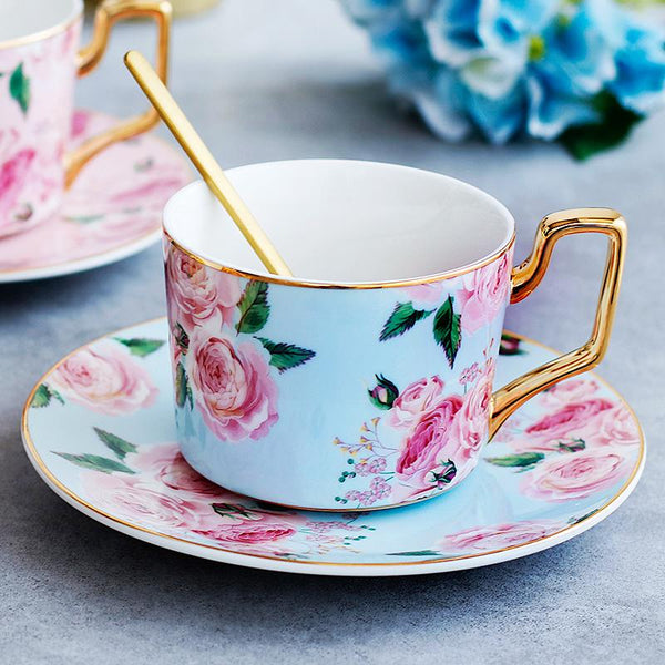Blue Coffee Cups with Gold Trim and Gift Box, British Tea Cups, Porcelain Coffee Cups, Rose Flower Tea Cup and Saucer, Latte Coffee Cups-artworkcanvas