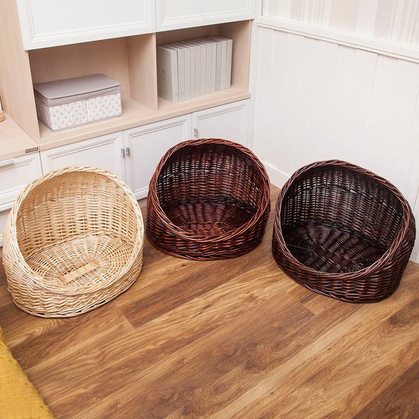Natural Wicker Cat House Basket with Washable Cushion for Indoor Cats and Dogs, Hand woven Rattan Cat Bed-artworkcanvas