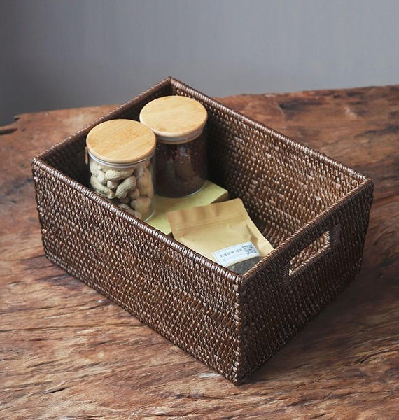 Large Brown Woven Rattan Storage Basket, Storage Baskets for Kitchen, Rectangular Storage Baskets, Storage Baskets for Clothes-artworkcanvas