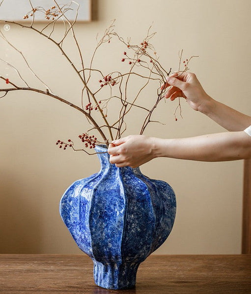 Modern Pottery Flower Vases, Handmade Water Holding Flower Vases, Centerpiece on Dining Table, Blue Ceramic Bud Vases, Tall Flower Vases on Table-artworkcanvas