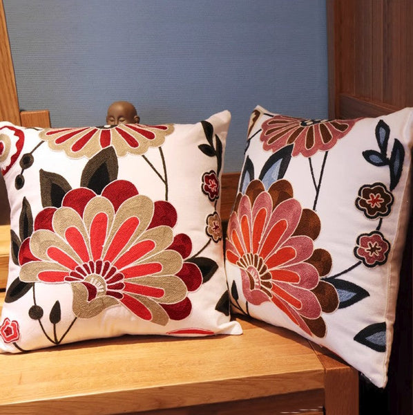 Decorative Pillows for Sofa, Flower Decorative Throw Pillows for Couch, Embroider Flower Cotton Pillow Covers, Farmhouse Decorative Throw Pillows-artworkcanvas