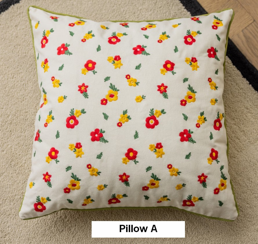 Embroider Flower Cotton Pillow Covers, Spring Flower Decorative Pillows for Dining Room, Decorative Pillows for Sofa, Farmhouse Decorative Pillows for Couch-artworkcanvas
