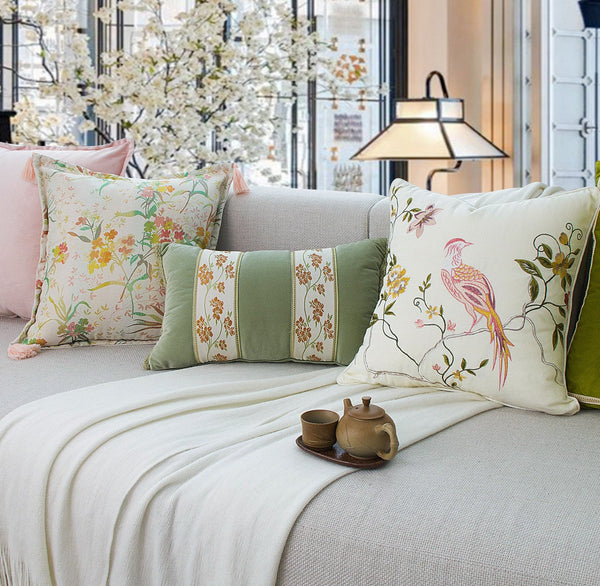 Embroidered Floral Bird Pattern Pillow Covers, Living Room Decorative Pillows, Modern Decorative Cushions, Decorative Pillows for Bed, Decorative Pillow Arrangement Ideas for Interior Design-artworkcanvas