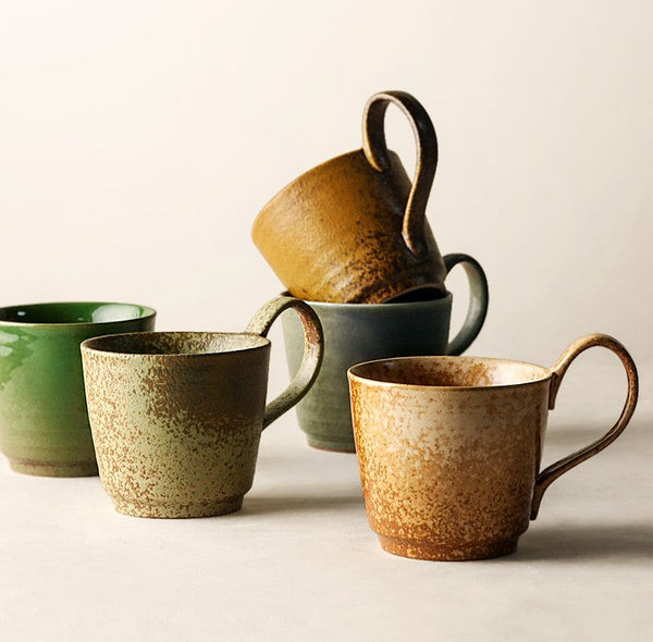 Modern Handmade Pottery Coffee Cup, Creative Brown Green Blue Ceramic Coffee Mugs, Large Unique Tea Cup, Large Capacity Coffee Cups-artworkcanvas