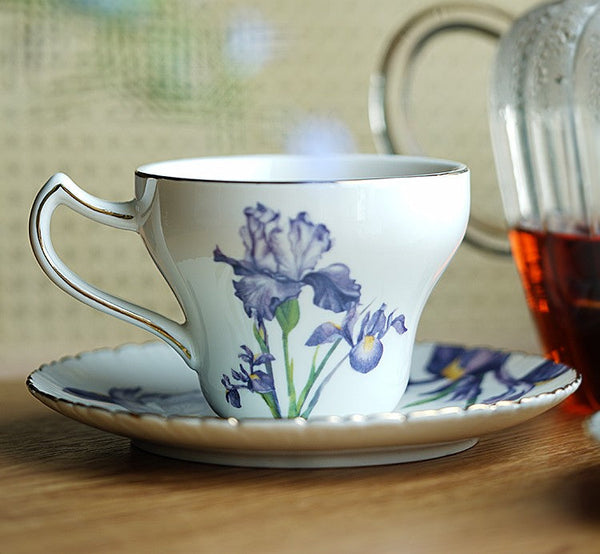 Beautiful Porcelain Tea Cup Saucer Set, Iris Flower British Tea Cups, Traditional English Tea Cup and Saucer, Unique Ceramic Coffee Cups in Gift Box-artworkcanvas