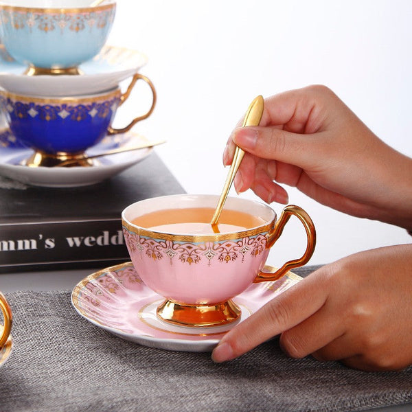 Pink Blue White Bone China Porcelain Tea Cup Set, Unique British Tea Cup and Saucer in Gift Box, Elegant British Ceramic Coffee Cups for Afternoon Tea-artworkcanvas