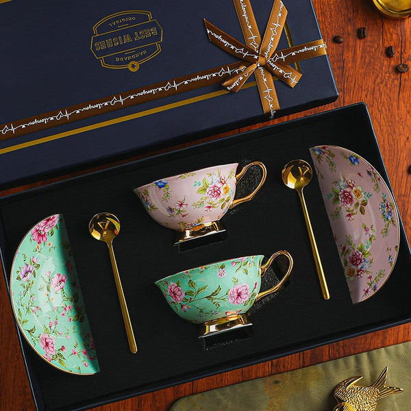 Floral Ceramic Coffee Cup with Saucer Set of 2 Cups, Creative Porcelain Tea Cup Saucer Set, 6.8 oz Tea Cup and Saucer in Gift Box, Beautiful British Tea Cup and Saucer-artworkcanvas