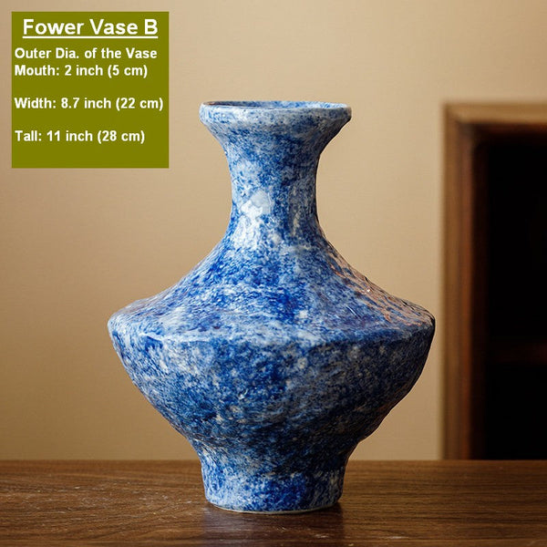 Modern Pottery Flower Vases, Handmade Water Holding Flower Vases, Centerpiece on Dining Table, Blue Pottery Bud Vases, Large Flower Vases on Table-artworkcanvas