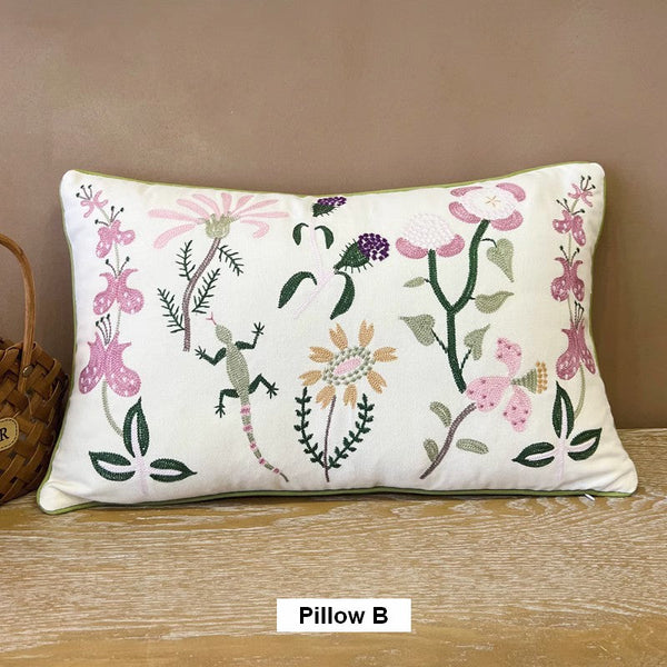 Embroider Flower Cotton Pillow Covers, Spring Flower Decorative Throw Pillows, Farmhouse Sofa Decorative Pillows, Flower Decorative Throw Pillows for Couch-artworkcanvas