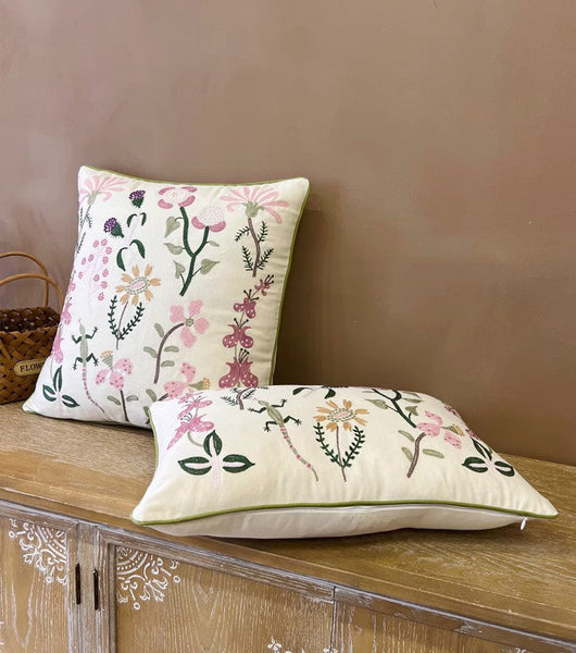 Embroider Flower Cotton Pillow Covers, Spring Flower Decorative Throw Pillows, Farmhouse Sofa Decorative Pillows, Flower Decorative Throw Pillows for Couch-artworkcanvas