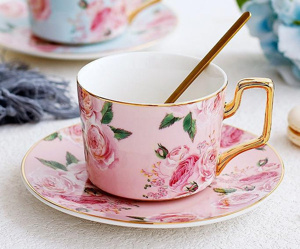 Blue Coffee Cups with Gold Trim and Gift Box, British Tea Cups, Porcelain Coffee Cups, Rose Flower Tea Cup and Saucer, Latte Coffee Cups-artworkcanvas