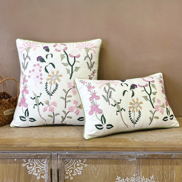 Embroider Flower Cotton Pillow Covers, Spring Flower Decorative Throw Pillows, Farmhouse Sofa Decorative Pillows, Flower Decorative Throw Pillows for Couch-artworkcanvas