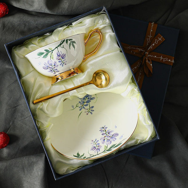 Ceramic Coffee Cup and Saucer, Flower Porcelain Cup and Saucer Set, 7.4 oz British Flower Tea Cups, Floral Porcelain Tea Cup and Saucer Set-artworkcanvas