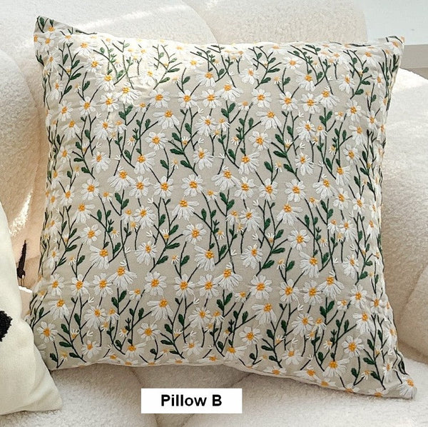 Farmhouse Decorative Pillows for Sofa, Embroider Flower Cotton Pillow Covers, Spring Flower Decorative Pillows for Bedroom, Decorative Pillows for Couch-artworkcanvas
