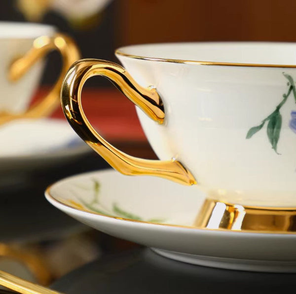 Ceramic Coffee Cup and Saucer, Flower Porcelain Cup and Saucer Set, 7.4 oz British Flower Tea Cups, Floral Porcelain Tea Cup and Saucer Set-artworkcanvas